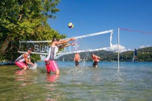 Clemens Doppler and Alexander Horst of Austria and Alexander Brouwer and Robert Meeuwsen of the Netherlands play at the famous Cap Walterskirchen prior the A1 Major Klagenfurt, part of the Swatch Beach Volleyball Major Series on July 29, 2016.